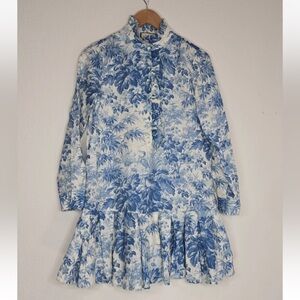 Tuckernuck Toile Tate Misty Blue Linen Mix Shirt Dress Floral Size XXS Womens